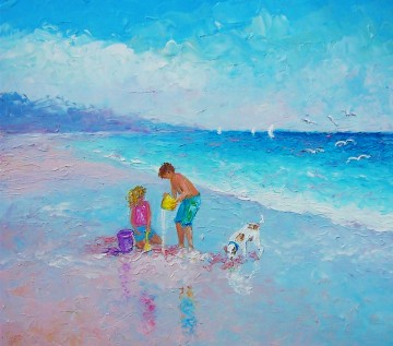 niño y niña con perro en la playa Pinturas al óleo